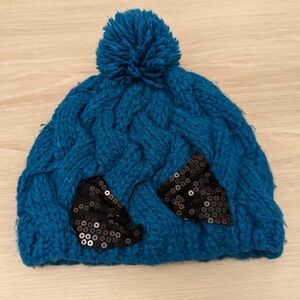 Blue Cable Knit Pom Beanie with Black Sequin Bowknot